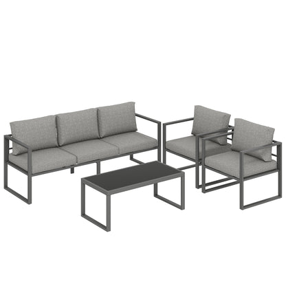 4-Piece Garden Sofa Set | 3-Seater Sofa | 2 Armchairs | Tempered Glass Coffee Table | Powder-Coated Aluminium Frame | 8cm Seat & 12cm Back Cushions | Anti-Slip Straps | Washable Zip Covers | 360kg Sofa Capacity | Dark Grey