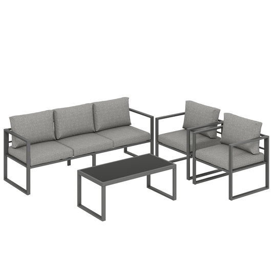 4-Piece Garden Sofa Set | 3-Seater Sofa | 2 Armchairs | Tempered Glass Coffee Table | Powder-Coated Aluminium Frame | 8cm Seat & 12cm Back Cushions | Anti-Slip Straps | Washable Zip Covers | 360kg Sofa Capacity | Dark Grey