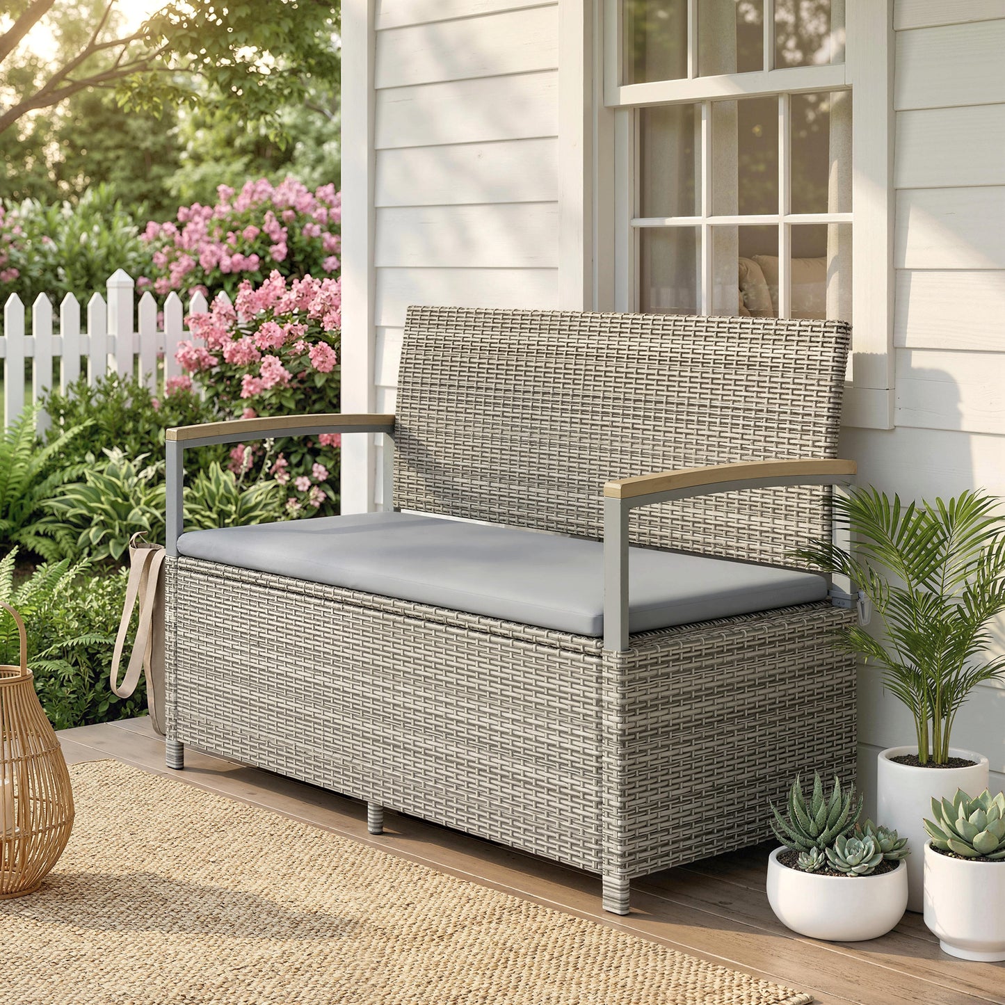 2-Seater Rattan Garden Storage Bench | 144L Hidden Storage | Gas Strut Lid | Zipped Liner | Acacia Wood Armrests | Washable Cushion | 300kg Capacity | 120 x 60 x 84cm | Light Grey