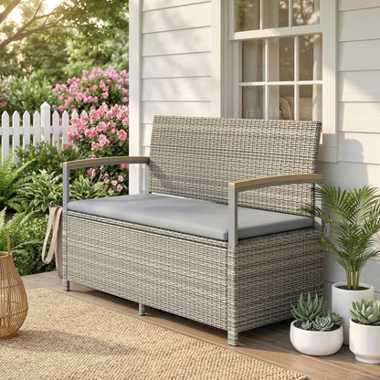 2-Seater Rattan Garden Storage Bench | 144L Hidden Storage | Gas Strut Lid | Zipped Liner | Acacia Wood Armrests | Washable Cushion | 300kg Capacity | 120 x 60 x 84cm | Light Grey