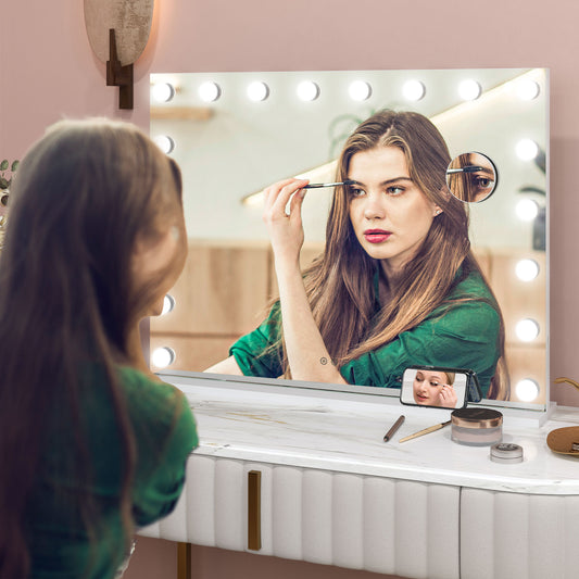 Hollywood Vanity Mirror with Lights, Large 80x62 cm Lighted Makeup Mirror with 3 Colour, 18 LED Bulbs, 10X Magnifying, USB Charging Port, Touch Screen White