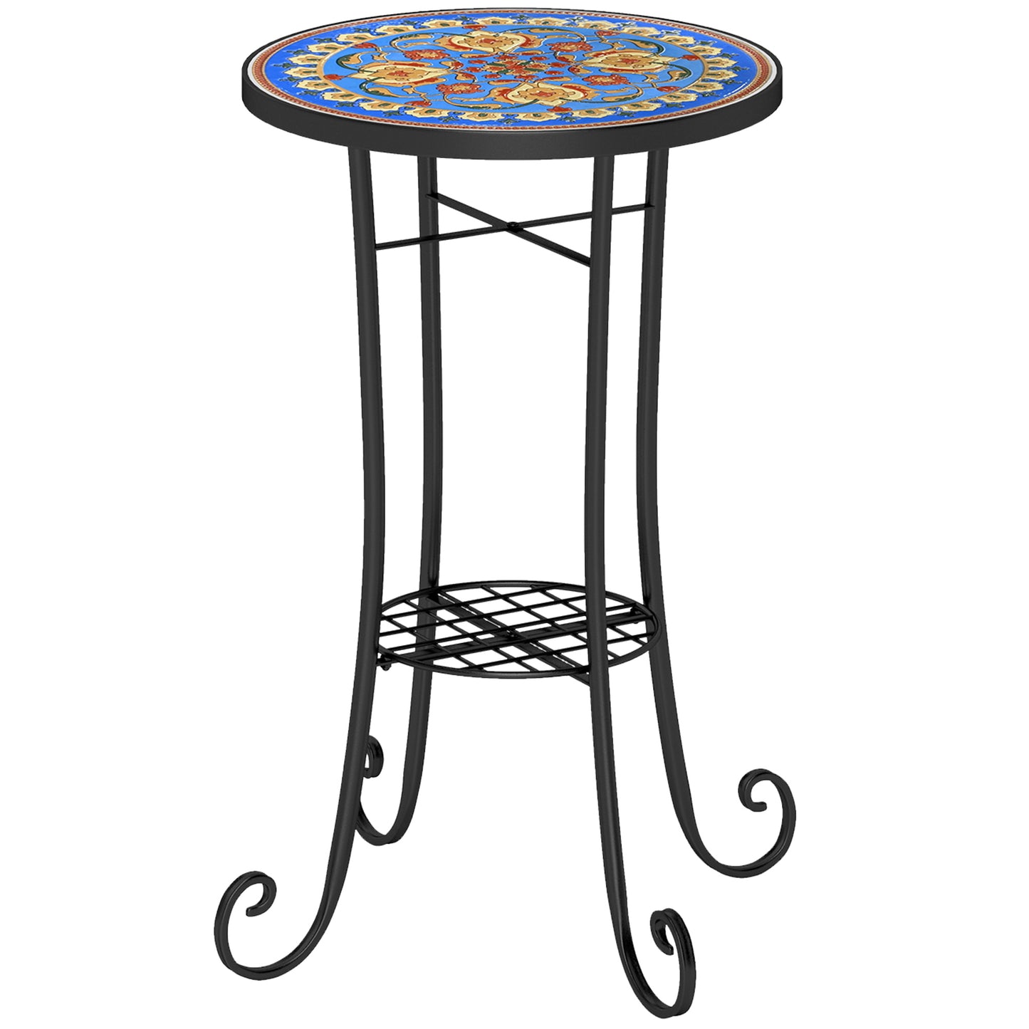 Round Mosaic Garden Bistro Side Table | Dia 35.5x54.5cm | Ceramic Tile Top | Lower Shelf | Electrophoretic Metal Frame | 30kg | Blue