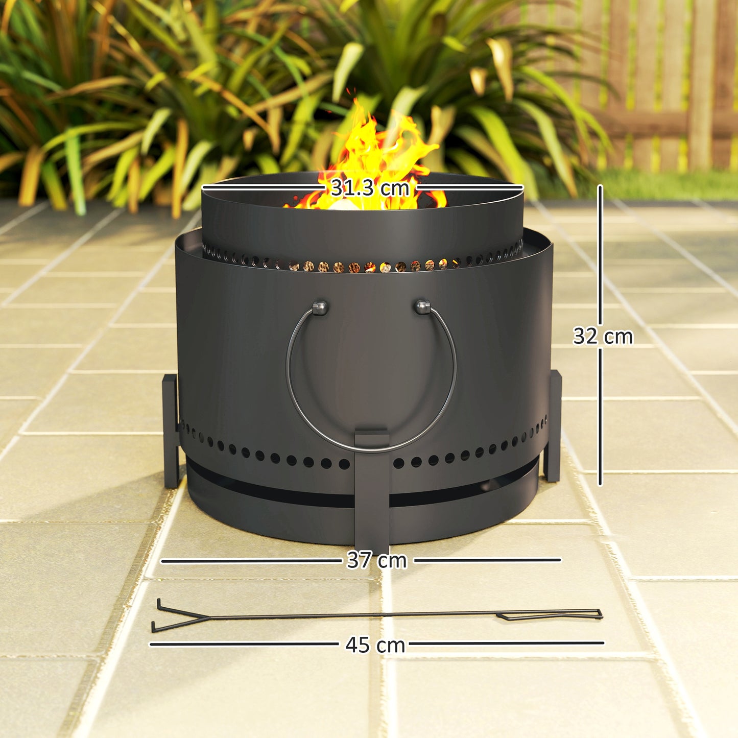 Smokeless Fire Pit with Ash Catcher, 37cm Portable Wood Burning Firepit with Poker for Garden Camping Bonfire Party, Metal, Dark Grey