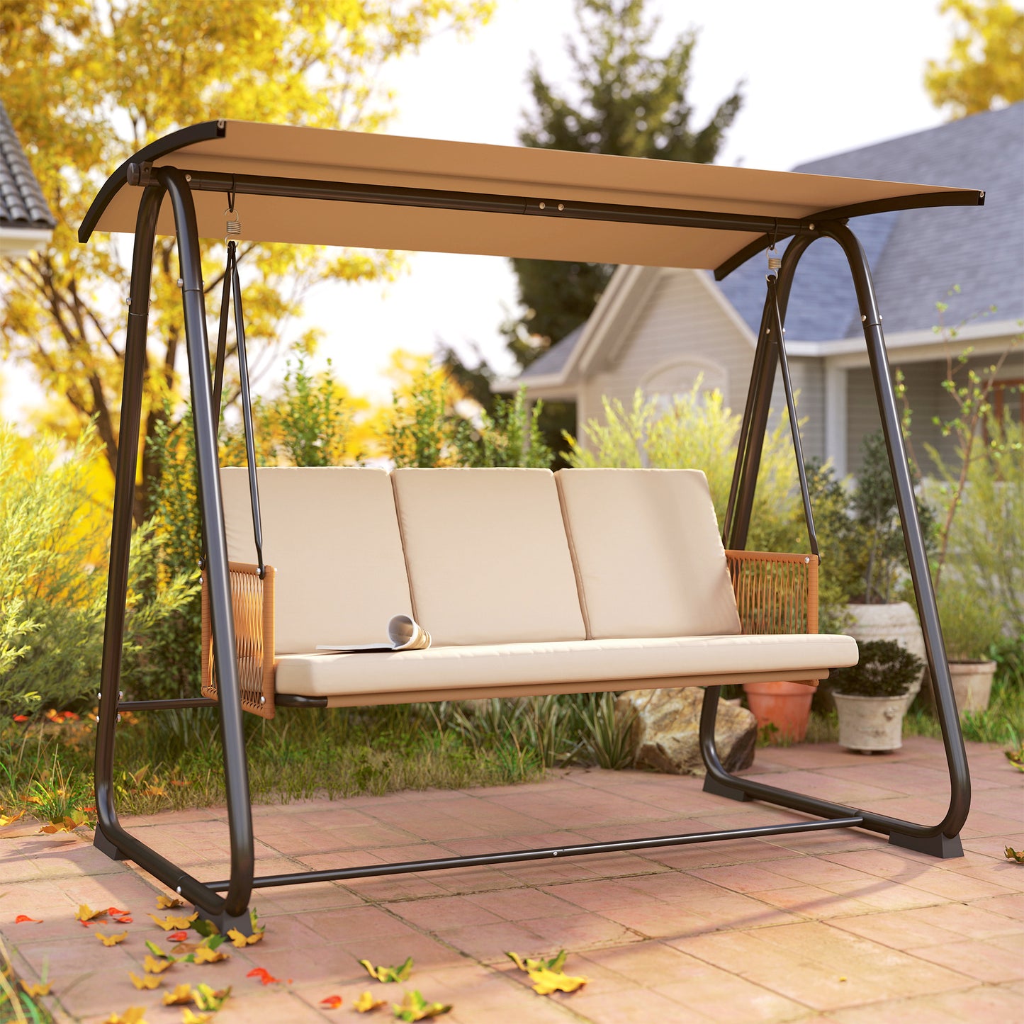 3 Seater Garden Swing Chair | UPF30+ Adjustable Canopy | Texteline Seat | Rattan Armrests | Thick Cushions | Washable Covers | Powder-Coated Frame | 360kg | Sand Brown