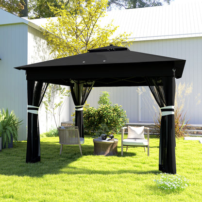 Outsunny 3 x 3(m) Pop Up Gazebo Party Tent with Solar-Powered LED Lights, Adjustable Event Shelter with Netting, Black