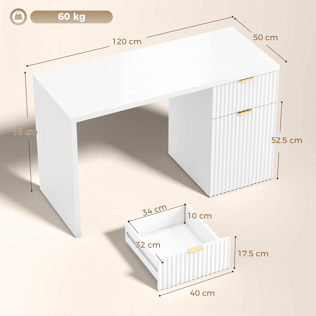 Reversible Computer Desk with Drawer & Cabinet | White & Gold MDF | 120x50x76cm | 3-Level Adjustable Shelf | Interchangeable Handles | Vanity Writing Office Desk | 60kg