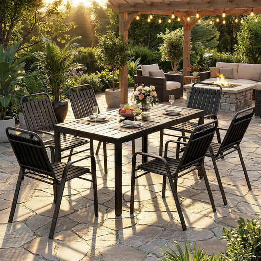 7 Pieces Outdoor Dining Set with Umbrella Hole, Garden Table and Chairs Set for 6 with Metal Table and Stackable Chairs