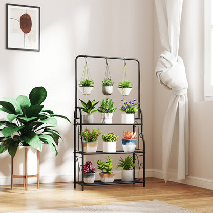 3 Tier Plant Stand with Hanging Rod and Hooks, Metal Plant Rack Shelf, Ladder Flower Pot for Indoor Outdoor, Black