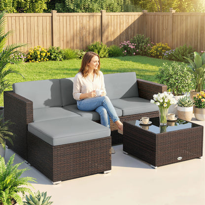 3 Piece Rattan Garden Sofa Set | 3 Seater Sofa | Ottoman | Coffee Table | Tempered Glass | Galvanised Steel | Hand-Woven PE Rattan | Zipped Cushions | 360kg | Light Grey