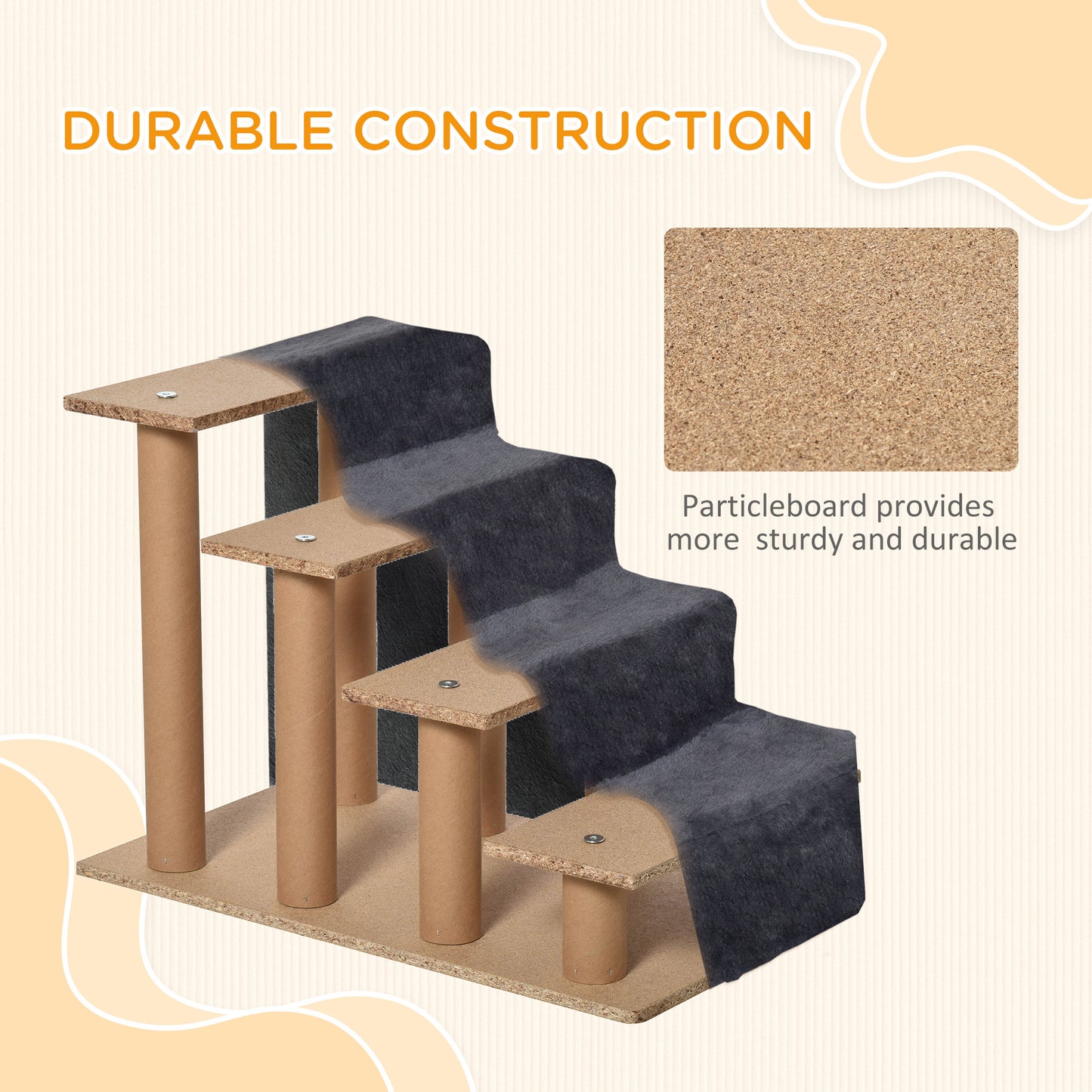 Four-Step Dog Stairs, with Washable Plush Cover, for High Bed Sofa, Dog Steps for Small Dog and Cat - Dark Grey