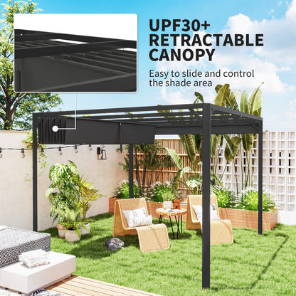 3 x 3(m) Garden Pergola with Retractable Roof Canopy and Roller Shade, Aluminium Pergola Kit Gazebo, UPF30+ Sun Shade Shelter for Deck, Porch