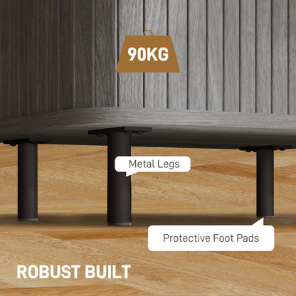 Nordic Bedside Table | Roller Shutter Sliding Doors | 2-Tier Storage | Melamine Surface | Steel Legs | 90kg | 48x40x48cm | Grey