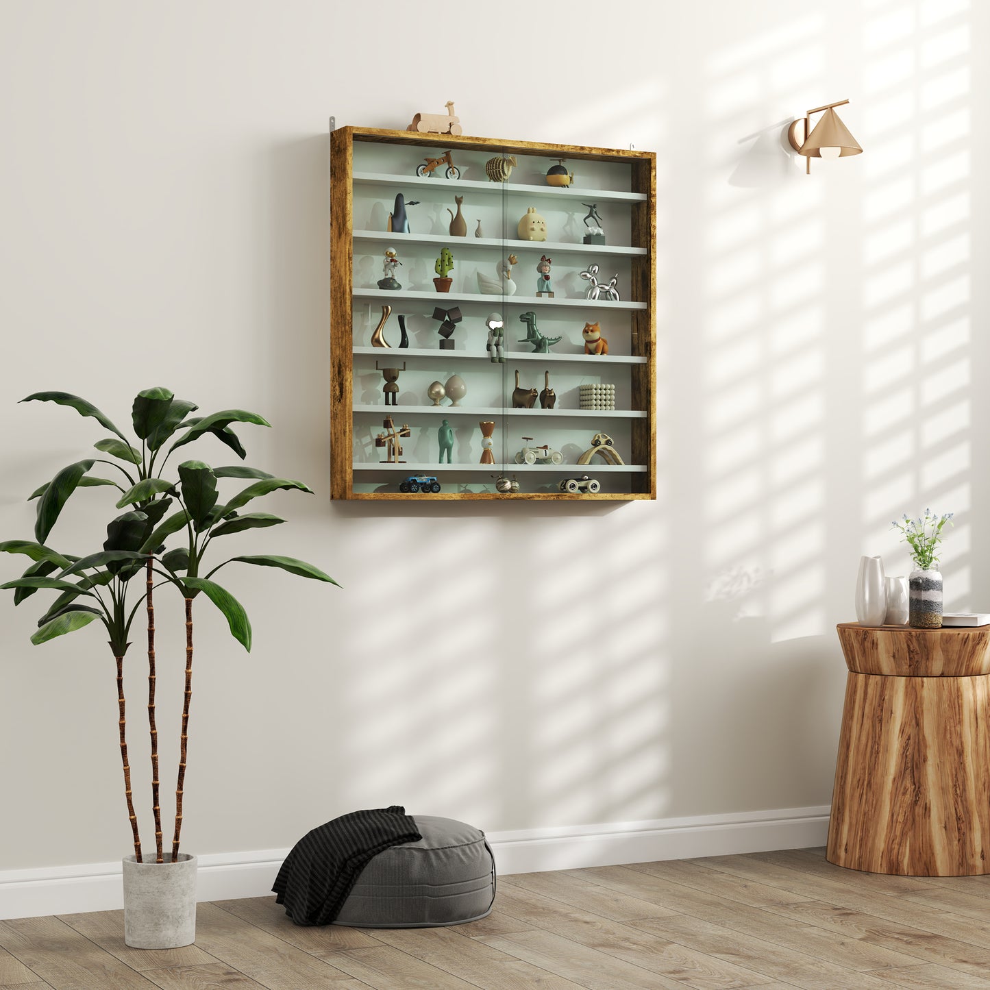 7-Tier Wall Display Shelf Unit Cabinet w/ 6 Adjustable Shelves Glass Doors Home Office Ornaments 83x80cm, Rustic Brown / Oak