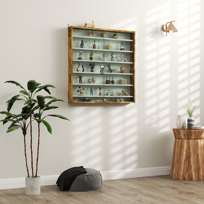 7-Tier Wall Display Shelf Unit Cabinet w/ 6 Adjustable Shelves Glass Doors Home Office Ornaments 83x80cm, Rustic Brown / Oak