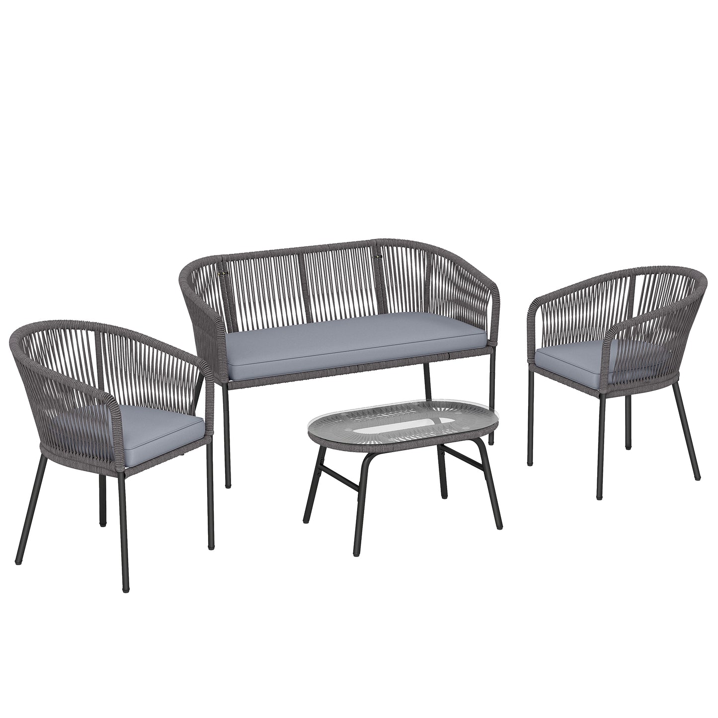 4-Piece Garden Sofa Set | PP Rope Weave | Loveseat, 2 Armchairs & Tempered Glass Table | Washable Cushion Covers | Powder-Coated Steel Frame | Adjustable Feet | Dark Grey
