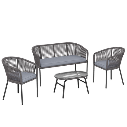 4-Piece Garden Sofa Set | PP Rope Weave | Loveseat, 2 Armchairs & Tempered Glass Table | Washable Cushion Covers | Powder-Coated Steel Frame | Adjustable Feet | Dark Grey