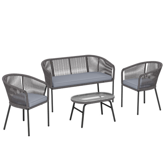 4-Piece Garden Sofa Set | PP Rope Weave | Loveseat, 2 Armchairs & Tempered Glass Table | Washable Cushion Covers | Powder-Coated Steel Frame | Adjustable Feet | Dark Grey