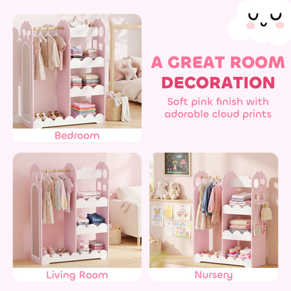 Kids Wardrobe with Full-Length Mirror | Clothes Rail | Open Shelves & Bottom Storage | P2 MDF | Acrylic Mirror | Pink Cloud-Print Design | 81x34x110cm | 10kg Shelf & 5kg Rail | Ages 3–12 | Pink