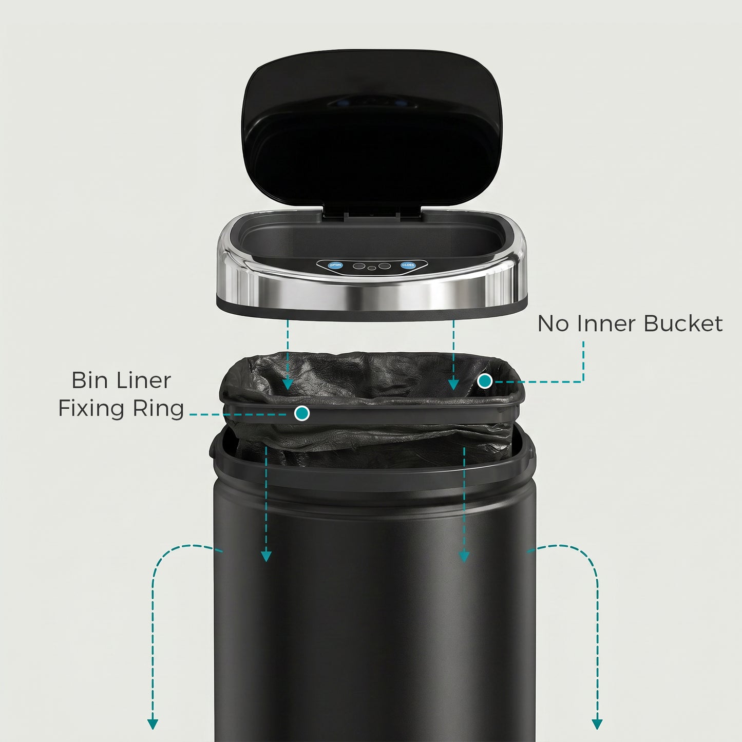 42L Sensor Bin | Automatic Hand-Wave Opening | Soft-Close Lid | Fingerprint-Resistant Stainless Steel | Black