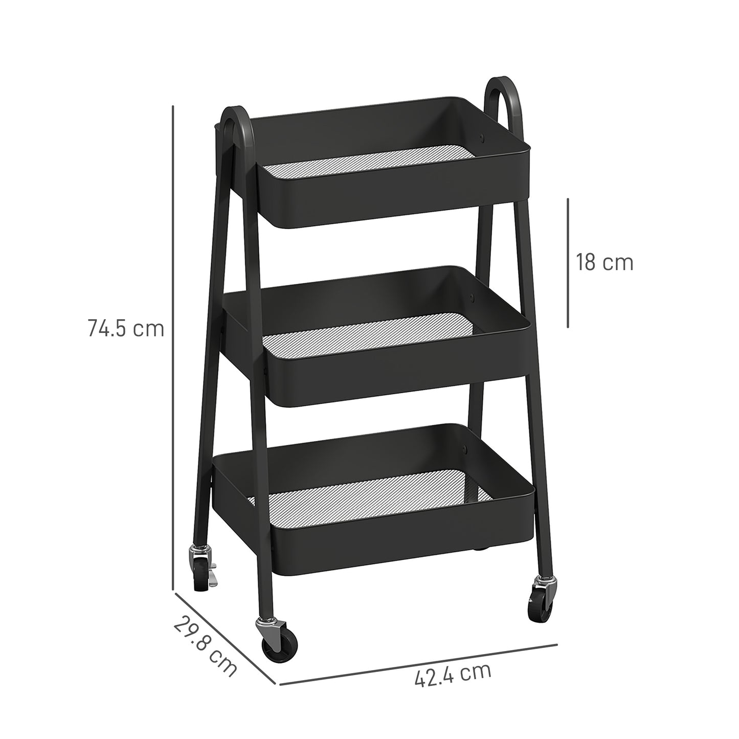 3-Tier Storage Trolley on Wheels - Black