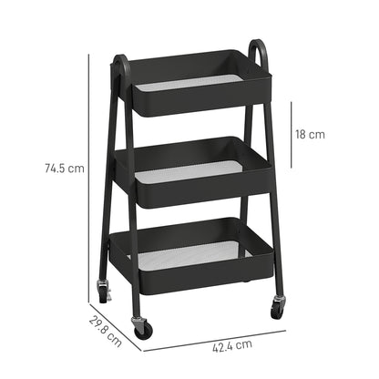 3-Tier Storage Trolley on Wheels - Black