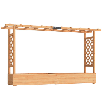 Wooden Raised Planter with Trellis & Hanging Roof Rails | Fir Wood | 2 Side Trellises | 8 Drainage Holes | 175x39cm Bed | 10kg Max | 200x44x113.5cm | Natural Wood Finish