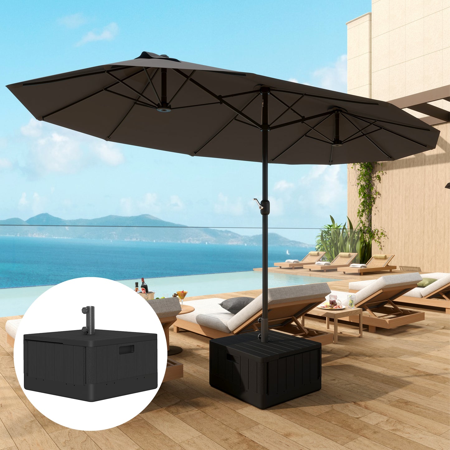 Fillable Parasol Base with Wheels & Handles | 80kg Sand or 50kg Water | Fits 38mm & 48mm Poles | 53x53x45cm | Deck Poolside & Garden | Black
