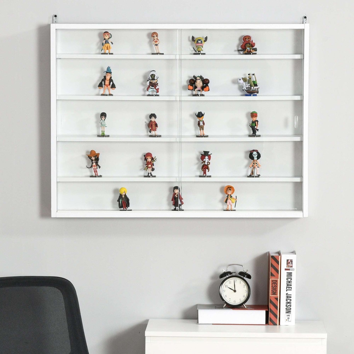 5-Tier Wall Display Shelf Unit Cabinet w/ 4 Adjustable Shelves Glass Doors Home Office Ornaments 60x80cm White