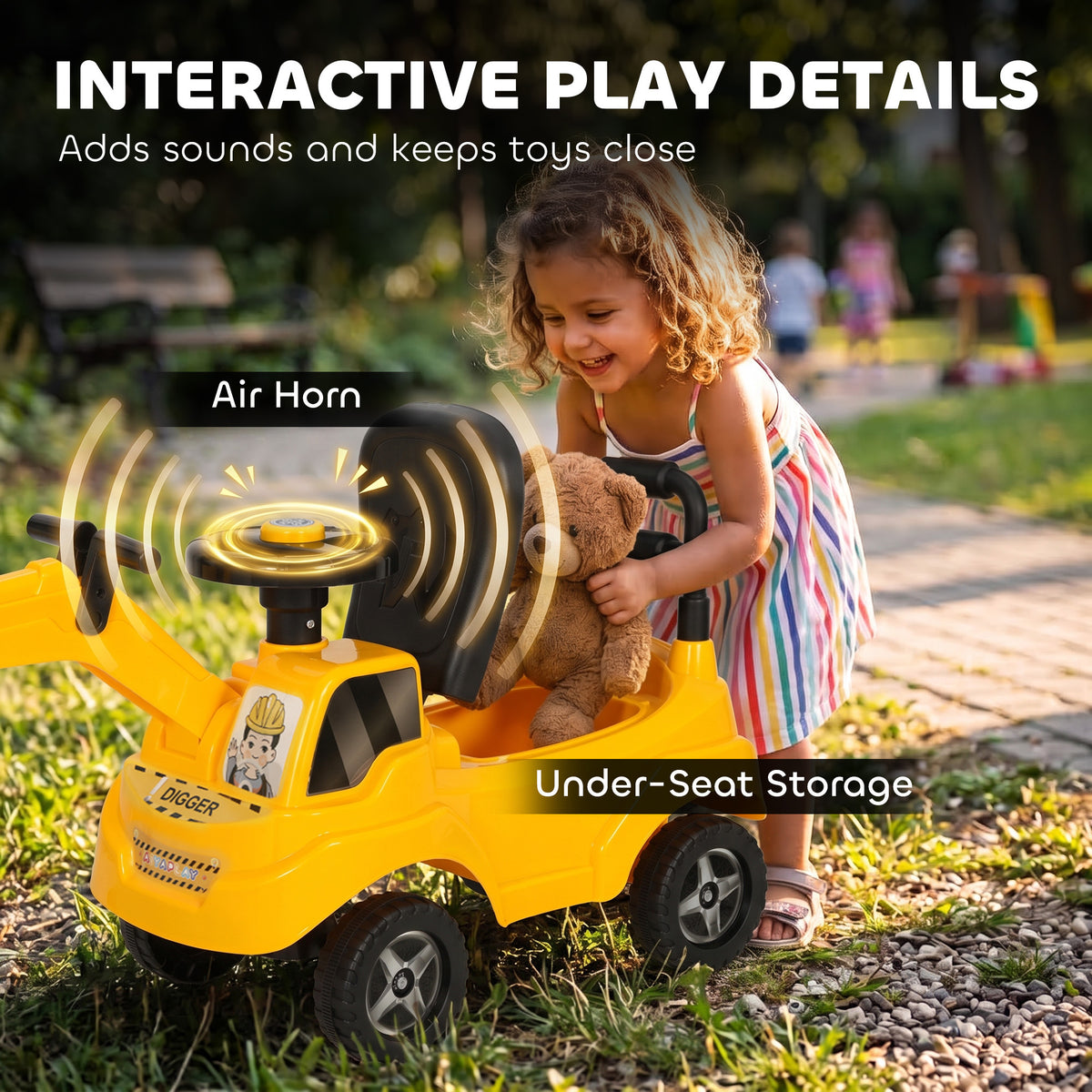 Kids Ride On Excavator Digger Toy | 33cm Manual Digger Arm & Separate Bucket | Forward Backward & Turning | Horn Steering Wheel & Air Horn | Under-Seat Storage | PP Body | 15kg Max | 77x26.5x39cm | Ages 1–3 | Yellow