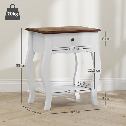 2 Pieces Bedside Tables with Drawer, French Style Bedside Cabinets with Open Shelf for Bedroom, Living Room, White