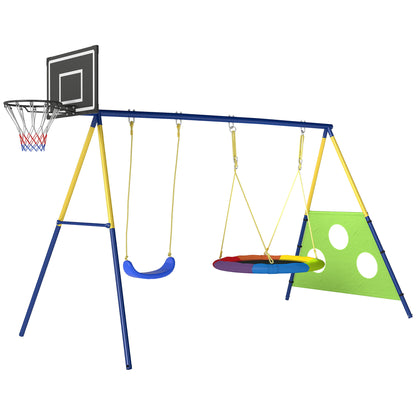 4-in-1 Kids Swing Set with Saucer Swing, Basketball Hoop & Football Goal – Rust-Proof A-Frame, 150kg Capacity, Adjustable Heights, Ages 3–8