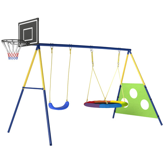4-in-1 Kids Swing Set with Saucer Swing, Basketball Hoop & Football Goal – Rust-Proof A-Frame, 150kg Capacity, Adjustable Heights, Ages 3–8