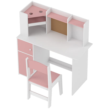 Kids Desk and Chair Set | Adjustable Tablet Stand | Cork Board | Pen Holder | 3-Tier Bookshelf | Upper Cubbies & Cabinets | E1 MDF | Rounded Corners | Anti-Tip | 90x39x95cm Table | Ages 3–12 | Grey & Pink