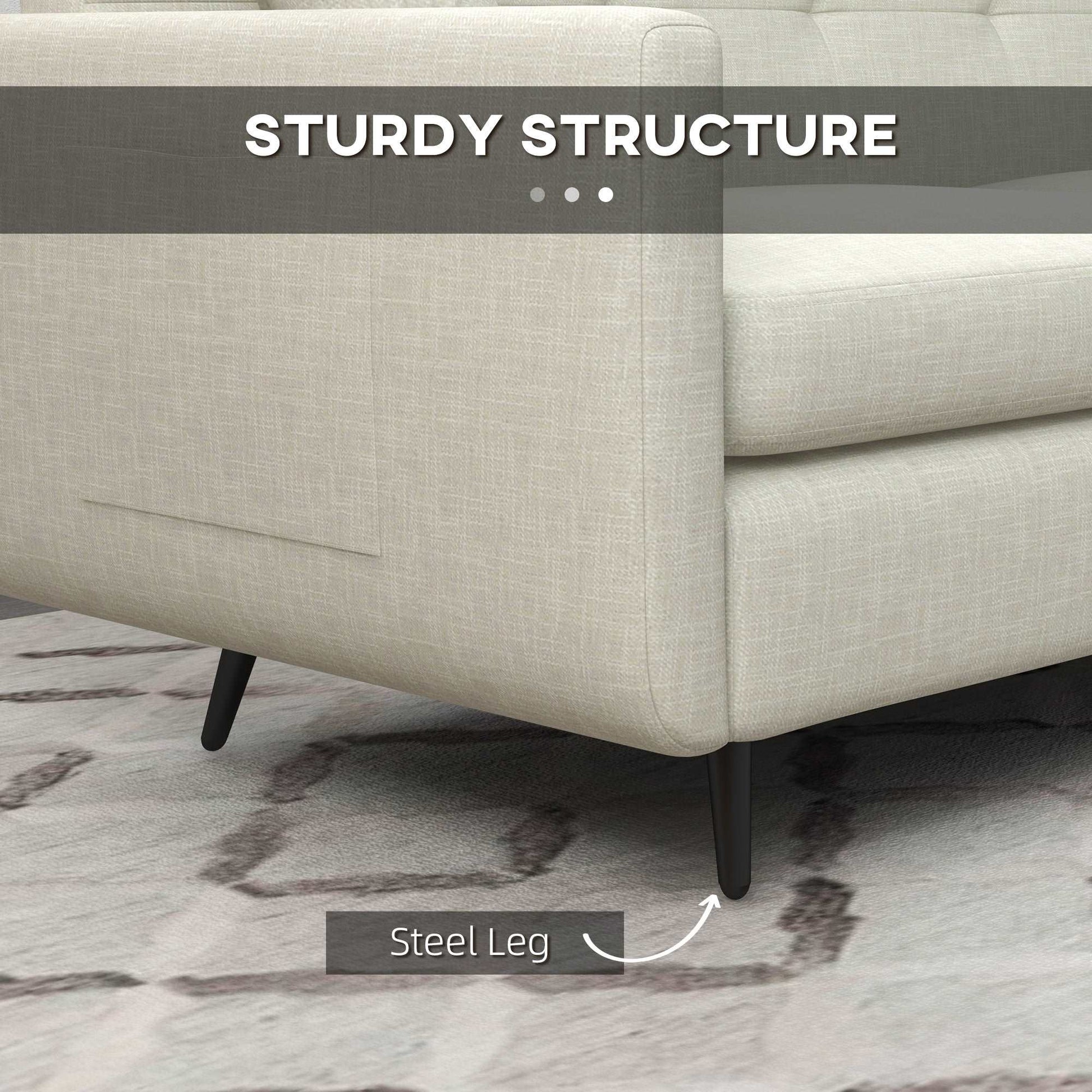 165cm 2 Seater Sofa for Living Room, Modern Fabric Couch, Tufted Loveseat Sofa Settee w/ Steel Legs, 2 Storage Pockets