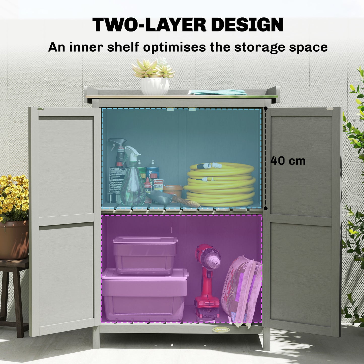 2-in-1 Fir Wood Potting Table & Garden Tool Storage Shed | Galvanised Metal Worktop | Double Doors | Shelf | Side Hooks | Raised Base | Water-Based Paint | 71.5x39x95cm | 30kg Capacity | Grey
