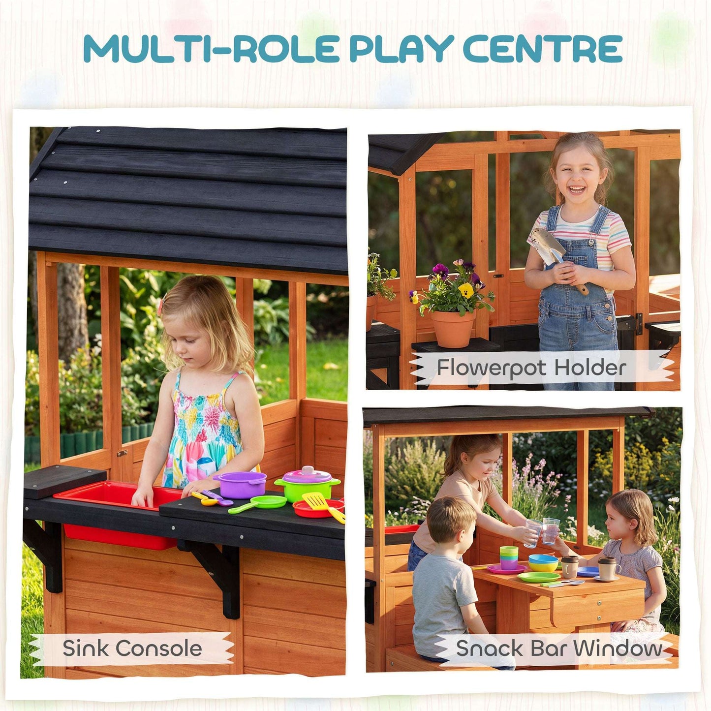 Wooden Kids Playhouse | Table & 2 Benches | Sink Basin | Flower Holders | Windows | Half-Door | 50kg | Ages 3-8 | Brown