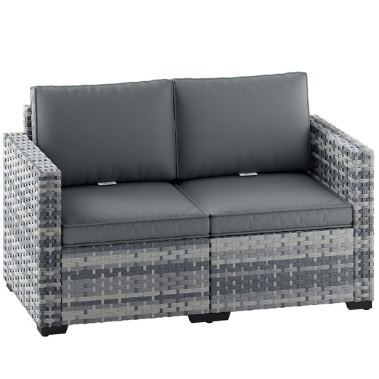2-Seater PE Rattan Garden Sofa | 60cm Deep Seat | 8cm Seat & 15cm Back Cushions | Wide Armrests | Powder-Coated Steel Frame | Adjustable Foot Pads | 240kg Capacity | 128x68x71cm | Mixed Grey