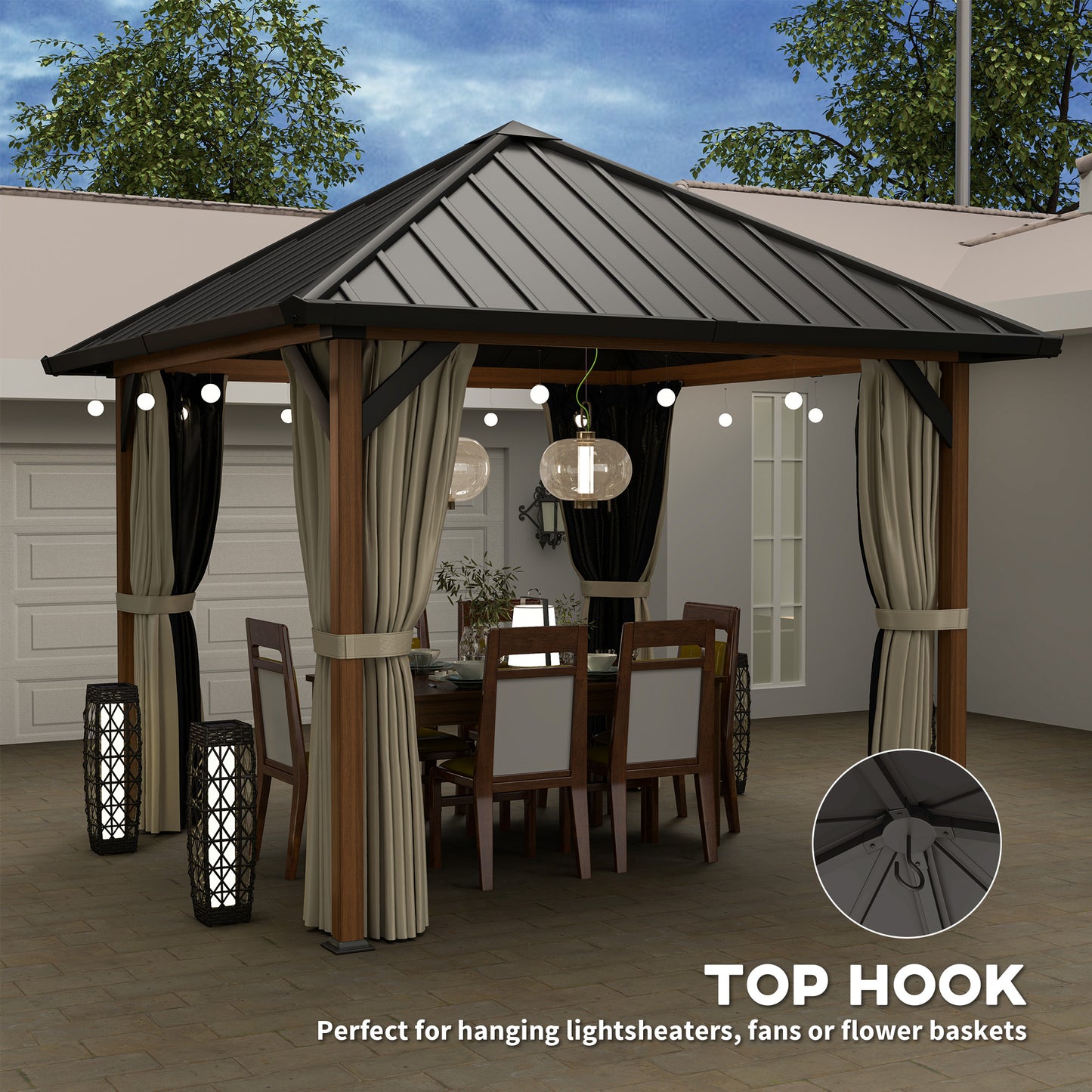 3 x 3(m) Hardtop Garden Gazebo W/ Galvanised Steel Roof & Water Gutter, Waterproof Permanent Pavilion for Patio, Deck, Walnut Wood Finish