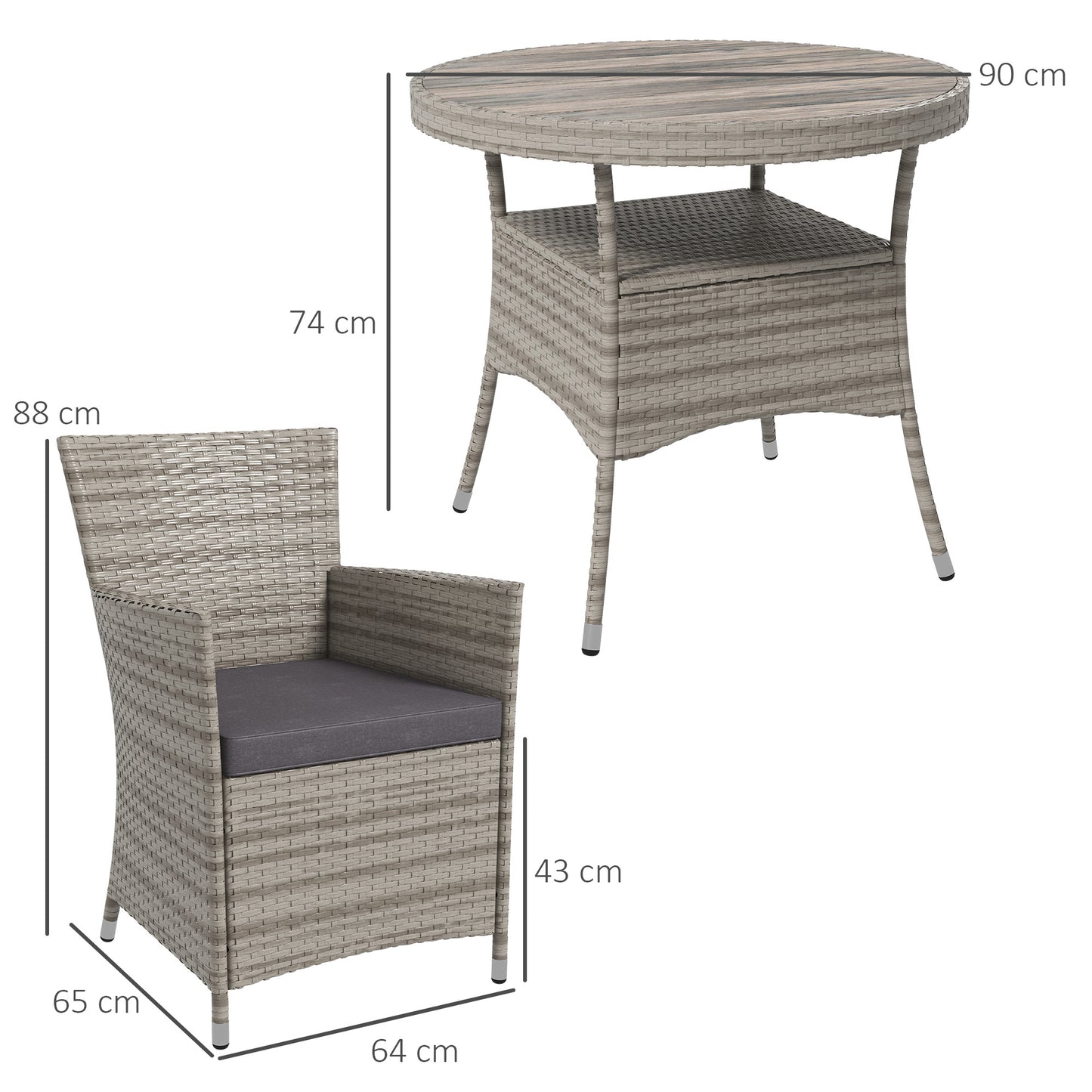 Outsunny Rattan Dining Set 5 Pieces with Removable Cushions, Slatted Tabletop for Patio, Lawn, Balcony, Grey