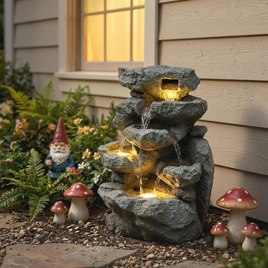Compact 6-Tier Rock Design Garden Fountain | LED Lights | Adjustable Pump | Grey | 36.5cm