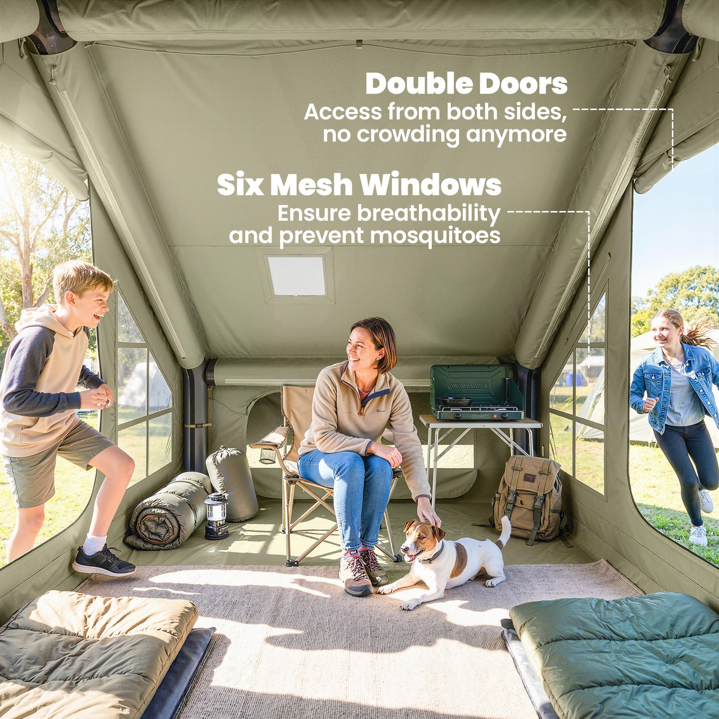 Outsunny Inflatable Camping Tent with Pump and Stove Jack Hole, Luxury Inflatable Tent with Mesh Windows, Doors, Olive Green