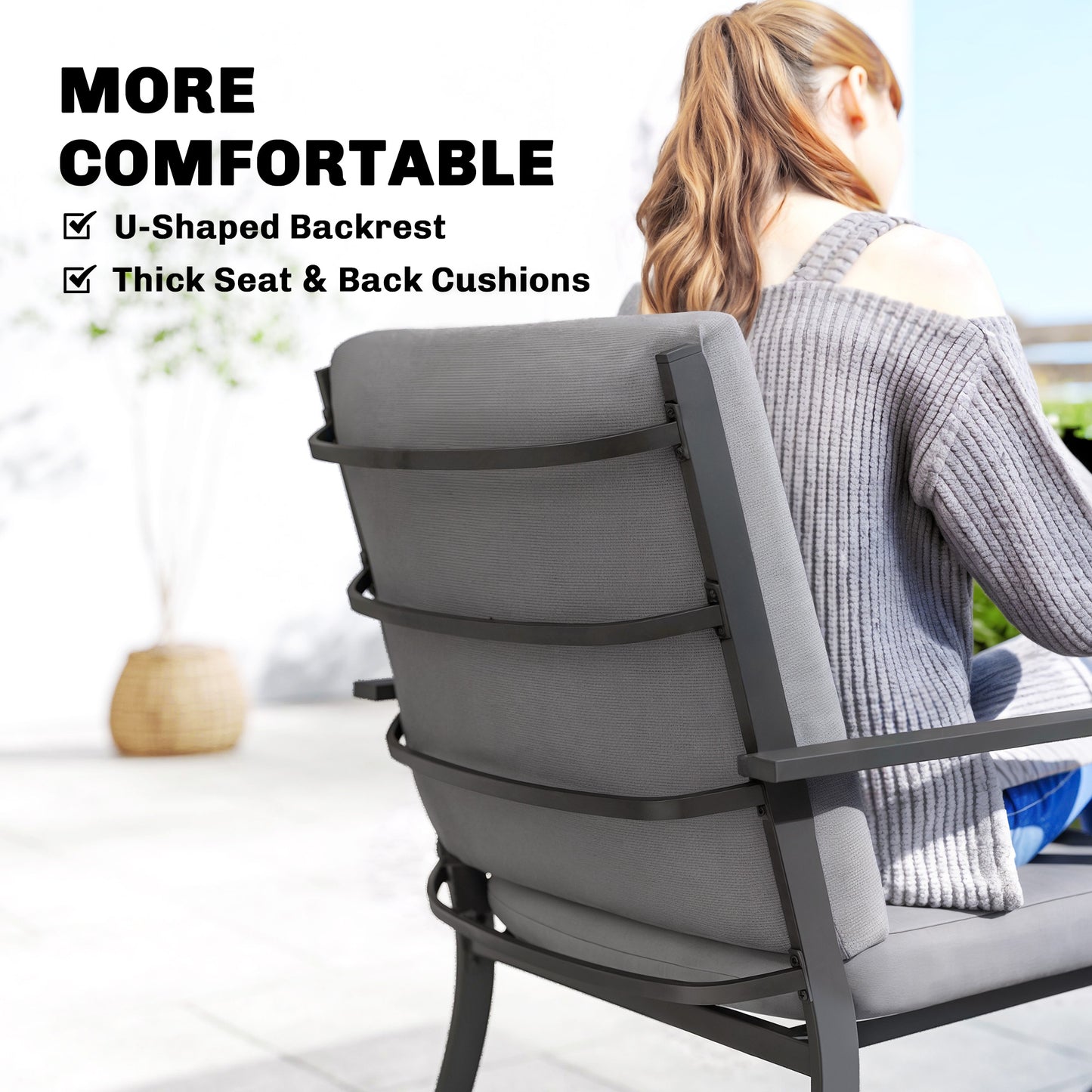 5-Piece Garden Dining Set | 80cm Square Table | 4 Stackable Armchairs | 8cm Seat & 15cm Back Cushions | Washable Covers | Powder-Coated Steel | 120kg Per Chair | Grey Wood Effect