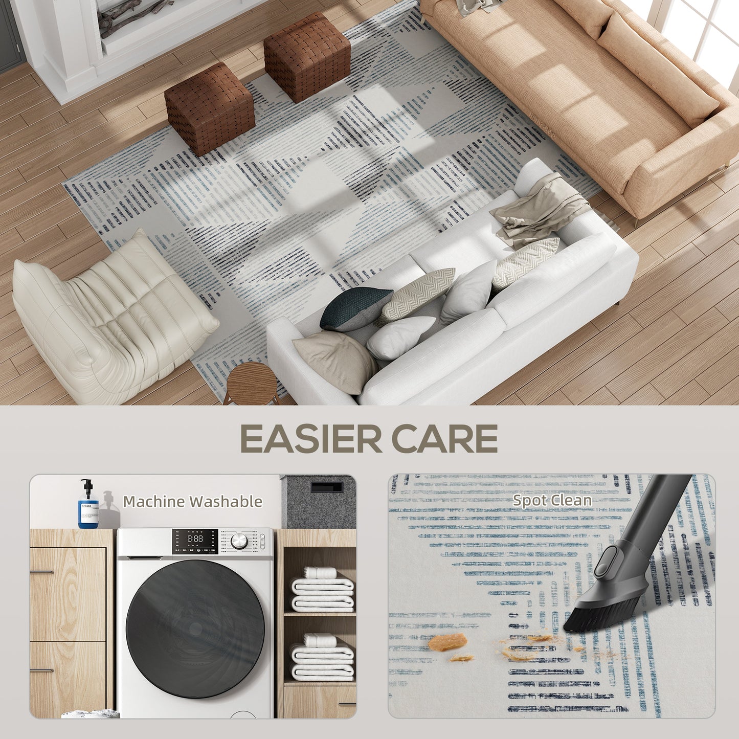 Modern Geometric Area Rug | Machine Washable | 100% Polyester Plush | TPR Non-Slip Backing | 290x200cm | Multi-Coloured Mixed Grey | Living Room Bedroom Dining Room Home Office
