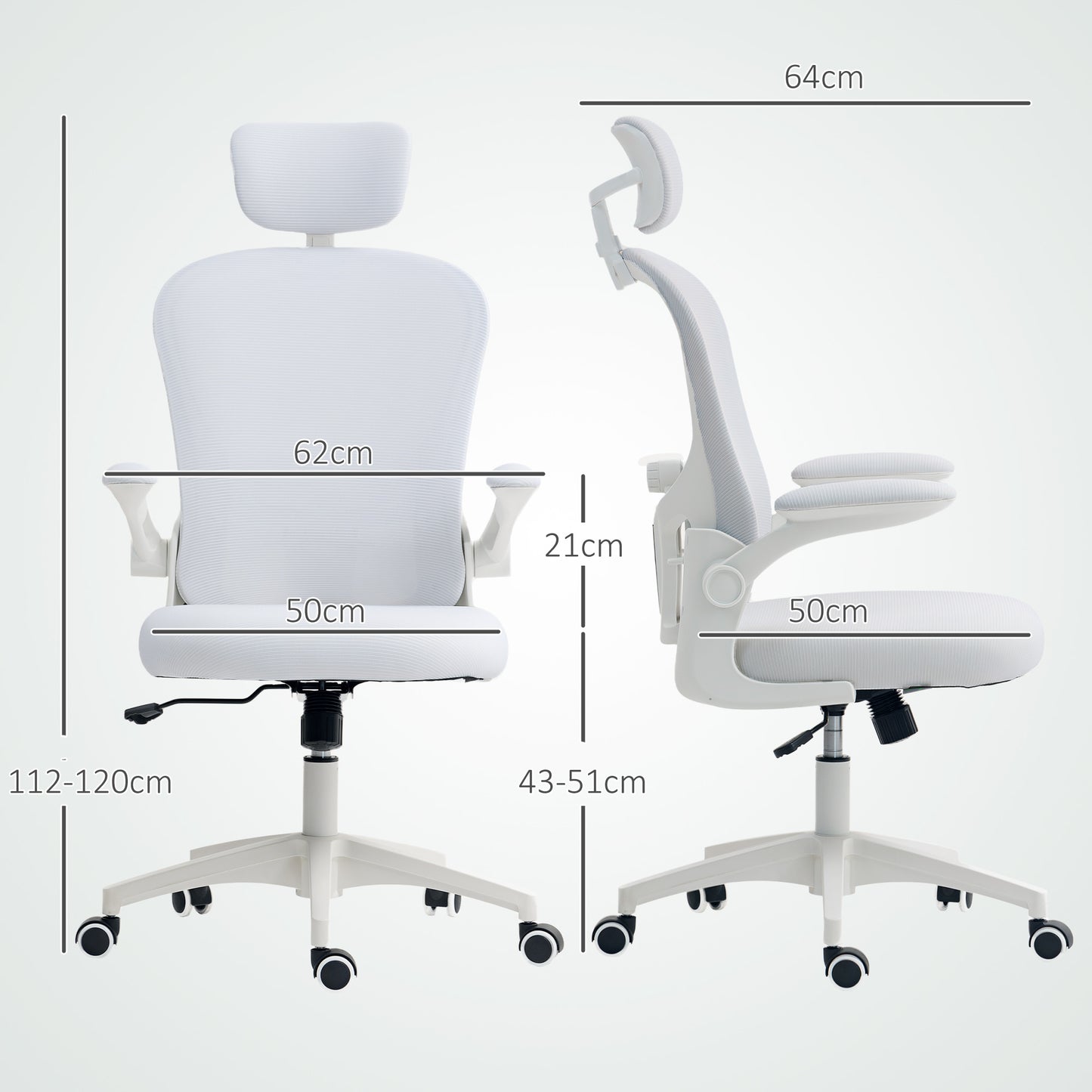Ergonomic Mesh Office Chair | Adjustable Lumbar Support & Headrest | Flip-Up Armrests | 50x50cm Seat | Height 43-51cm | 360° Swivel | 120kg | White