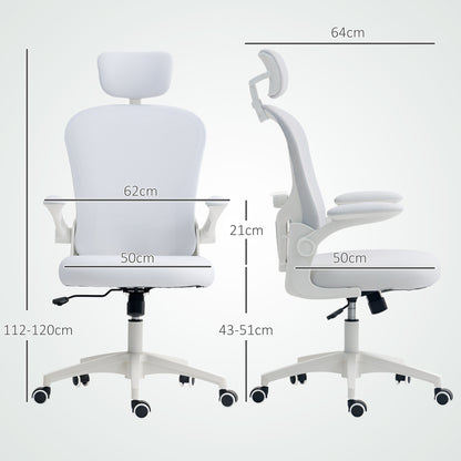 Ergonomic Mesh Office Chair | Adjustable Lumbar Support & Headrest | Flip-Up Armrests | 50x50cm Seat | Height 43-51cm | 360° Swivel | 120kg | White