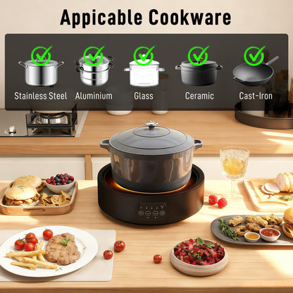 Electric Ceramic Hob with Grill Plate, Multifunctional 36cm Plug in Electric Hob with 4 Heat Levels for All Type Pot