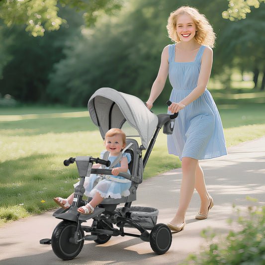 AIYAPLAY 6 in 1 Foldable Kids Trike with Adjustable Parent Handle & Canopy for Ages 1-5, Grey / Black / Pink