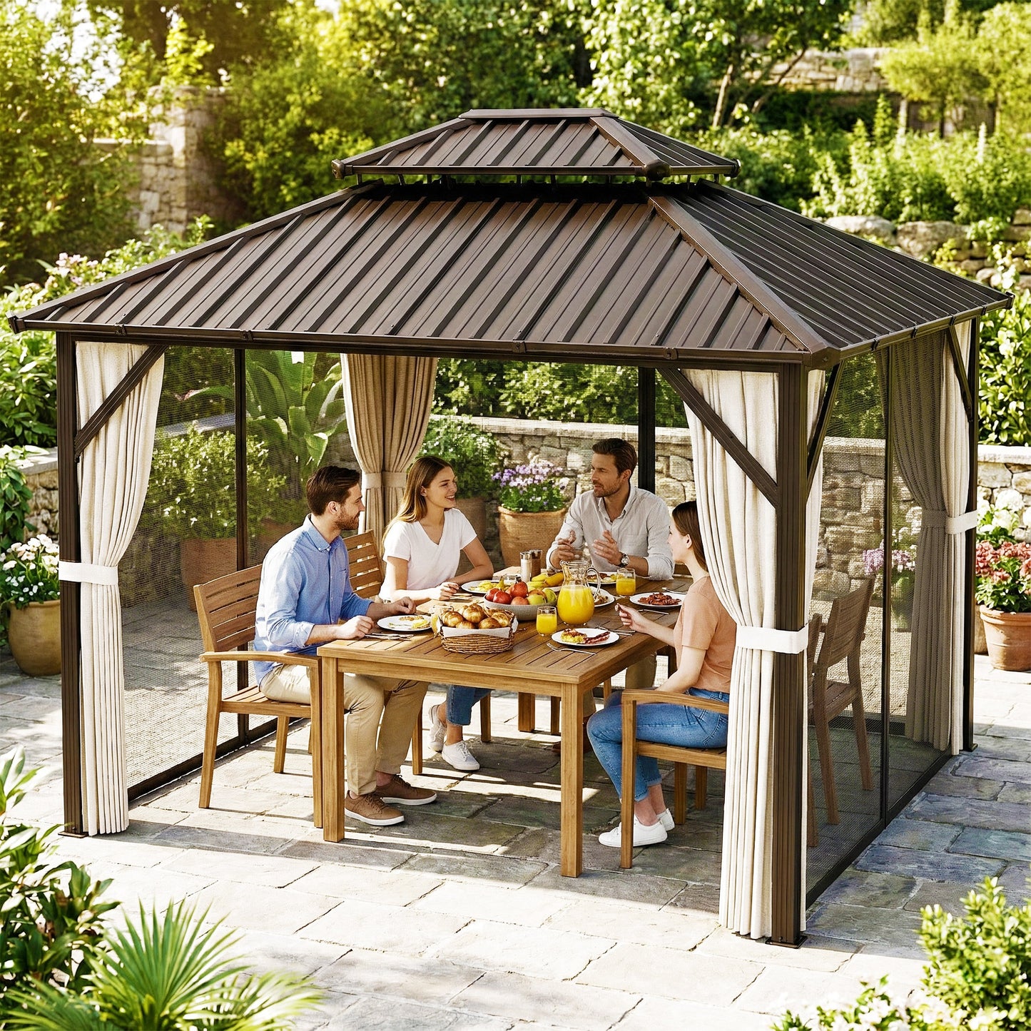 Outsunny 3x3.6 m Hardtop Gazebo Canopy with UPF50+ Double Galvanised Steel Roof, Aluminium Garden Gazebo Permanent Pavilion, Brown