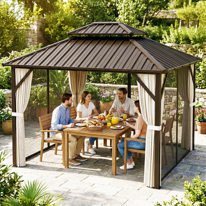 Outsunny 3x3.6 m Hardtop Gazebo Canopy with UPF50+ Double Galvanised Steel Roof, Aluminium Garden Gazebo Permanent Pavilion, Brown
