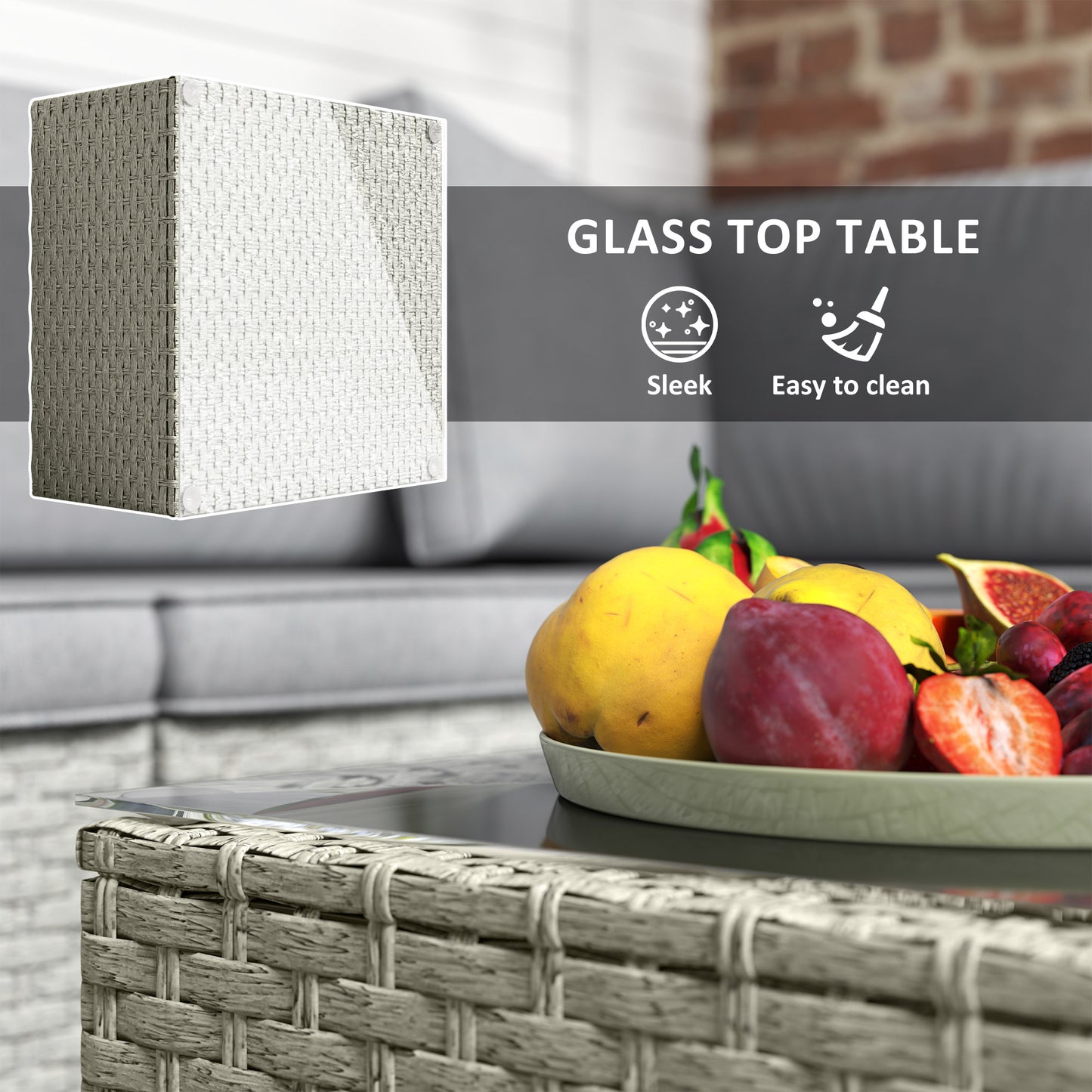 7 Pieces Rattan Garden Furniture Set, 6 Seater Garden Corner Sofa with Wide Seat, Glass Top Table, Sectional Outdoor Furniture Conservatory Set